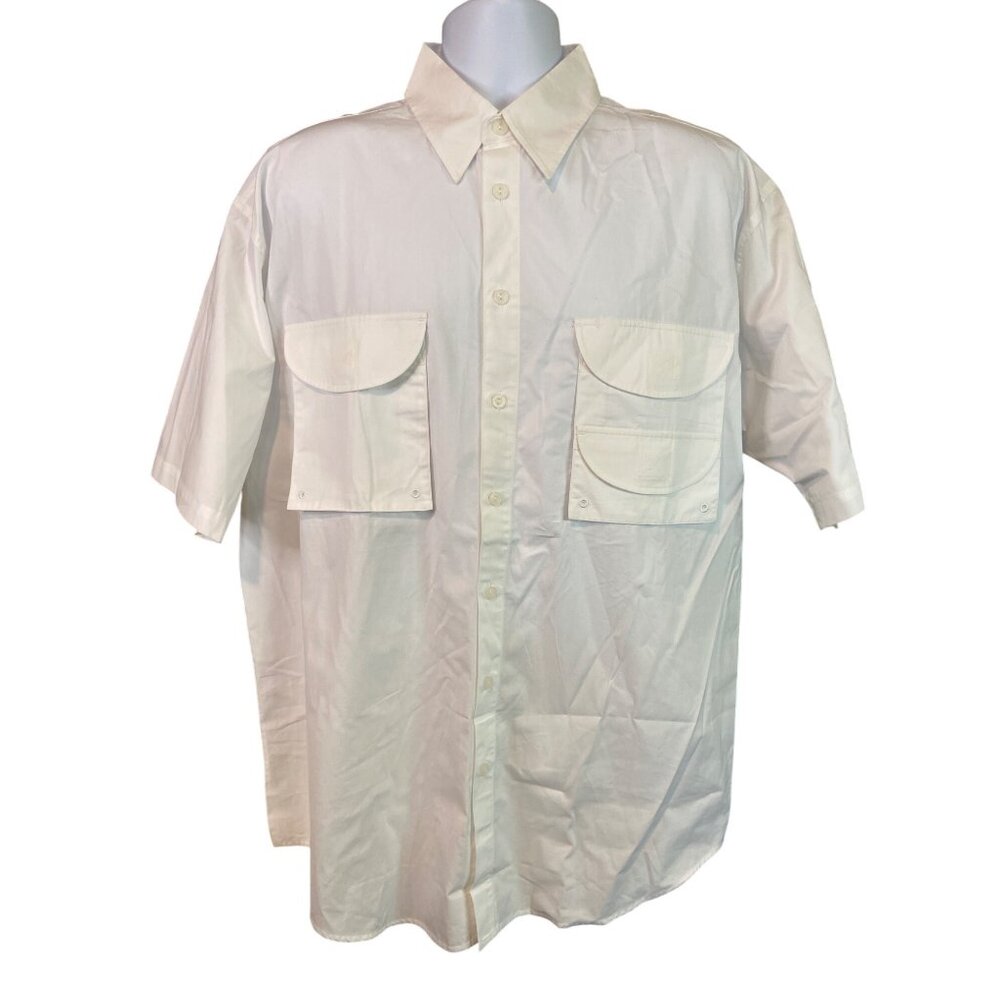 Vintage Mountain Tek Mens Fishing Shirt L White Short Sleeve Pockets Outdoors